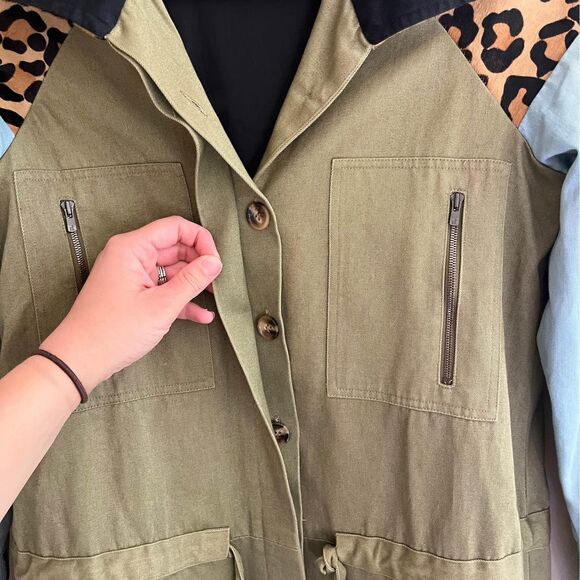 KSubi Green, Denim, & Leopard Leather Jacket / Trench Coat size XS - Picture 6 of 10